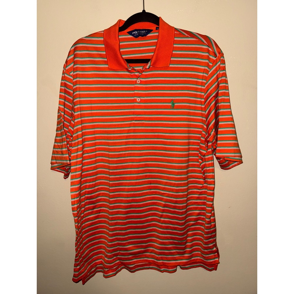 Polo Golf Ralph Lauren Mens Large Orange Green Striped Pima Cotton Polo Shirt